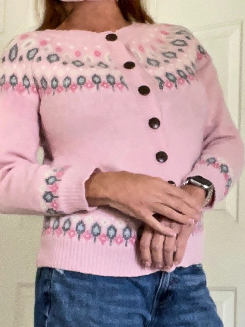 Fair Isle Geometric Button-Front Cardigan Pink & Gray Medium